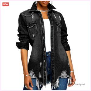 Distressed Oversized Denim Jacket Women's Button Down Long Sleeve Ripped
